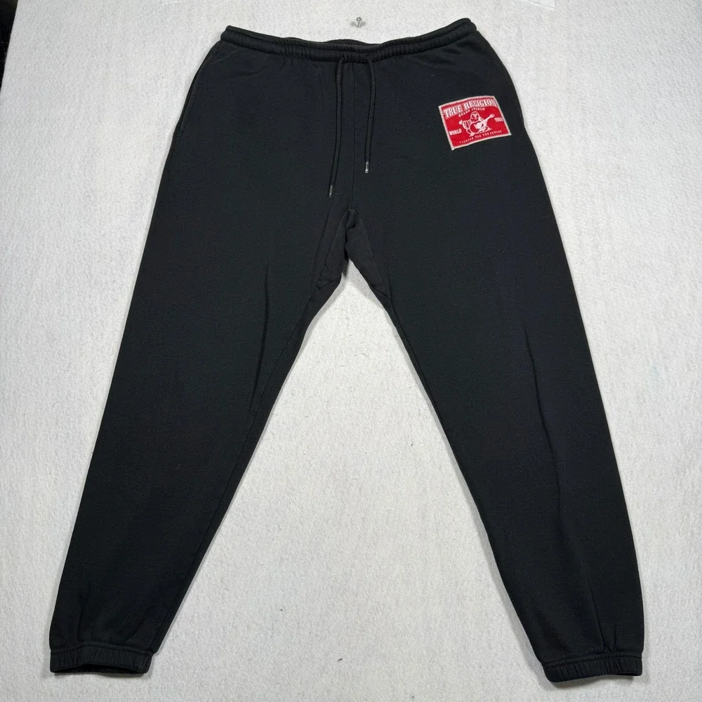 True Religion Mens Black World Tour Logo Horseshoe Sweatpants Joggers